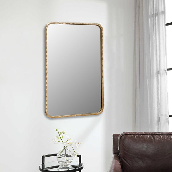 HomeRoots 32" Gold Metal Beaded Accent Mirror – Timeless Elegance for Living Rooms, Bedrooms, and More! 632592