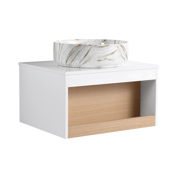 English Elm 24" Floating Bathroom Vanity White Oak Open Shelf Ceramic Vessel Sink Modern Bath W3450S00053