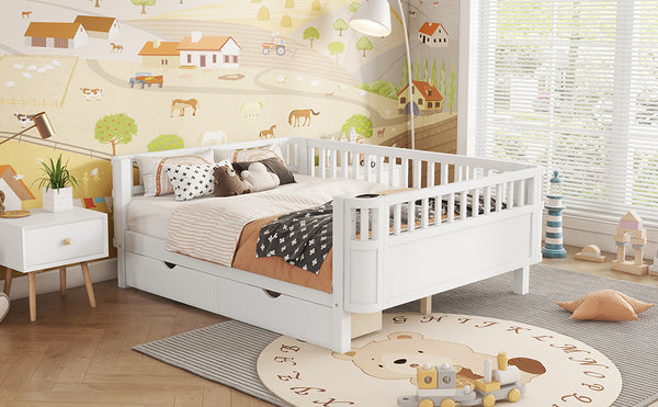 English Elm Full Solid Wood Kids Platform Bed with Guardrail, Low-Profile Durable Pine & MDF, 350LB Capacity White 69.69 L x 18.5 W x 8.66 H W2593P331684