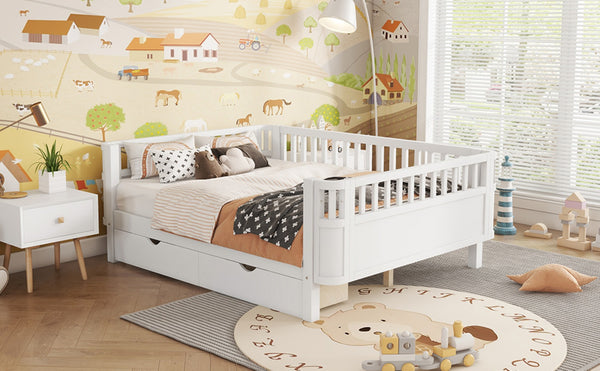 English Elm Twin Kids Platform Bed Solid Pine White Finish with Storage Drawers and Safety Rails White W2593P409116
