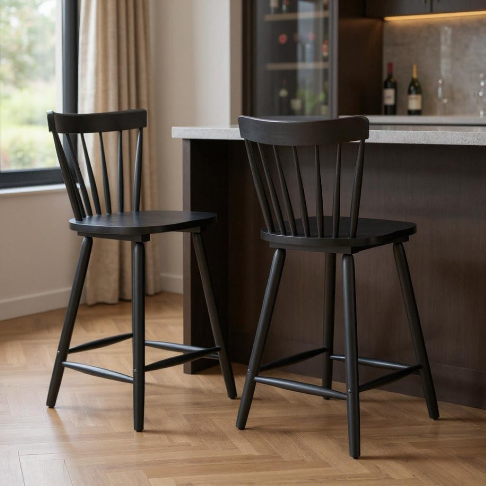 HomeRoots Set of Two Modern Black Low-Back Bar Chairs for Kitchen & Dining - Durable Wood Construction 632650