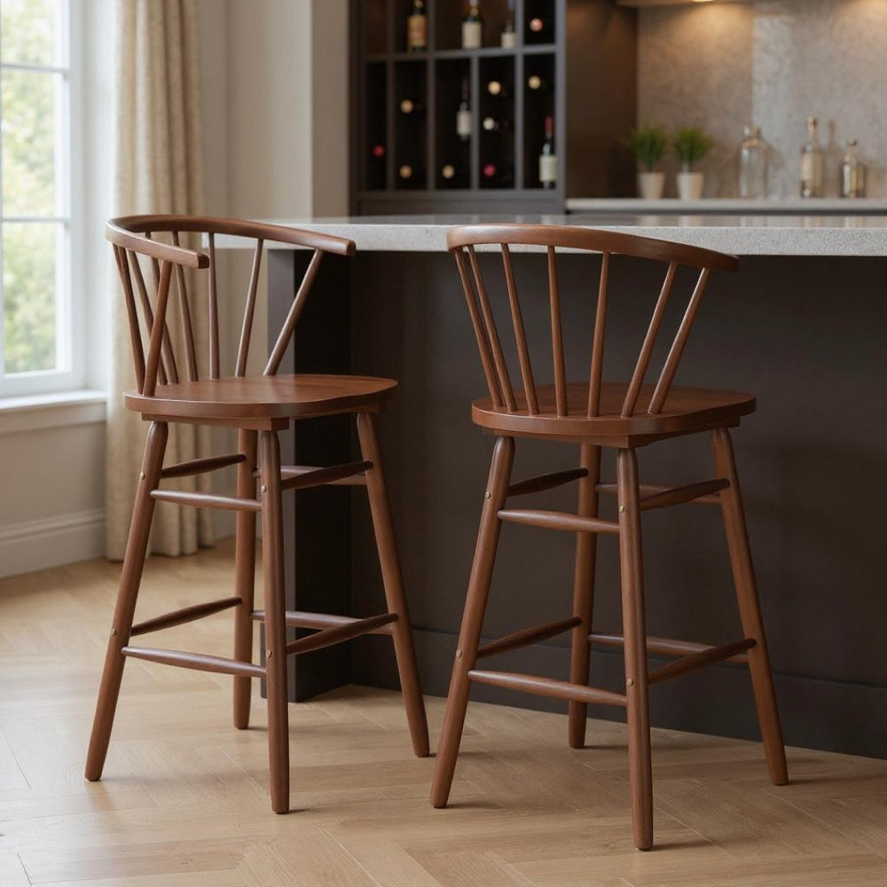 HomeRoots Set of Two Elegant Walnut Low-Back Bar Chairs for Modern Dining, Kitchen & Hospitality Comfort 632652