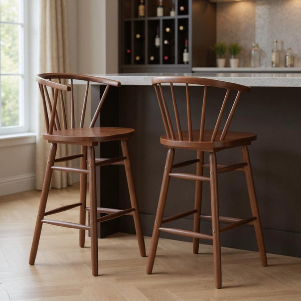 HomeRoots Set of Two Elegant Walnut Low-Back Bar Chairs for Modern Dining, Kitchen & Hospitality Comfort 632652