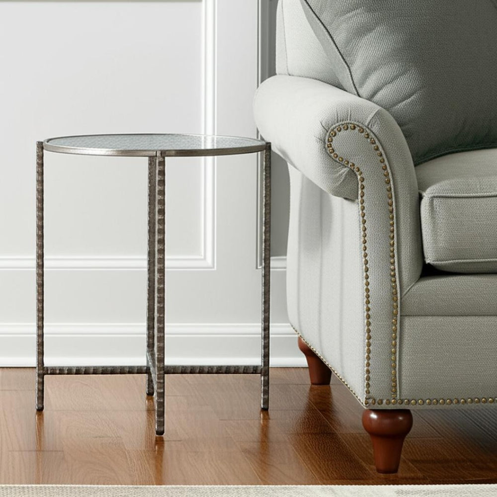 HomeRoots 22" Elegant Clear Rippled Glass Round End Table with Distressed Silver Steel Base for Rustic Charm 632661