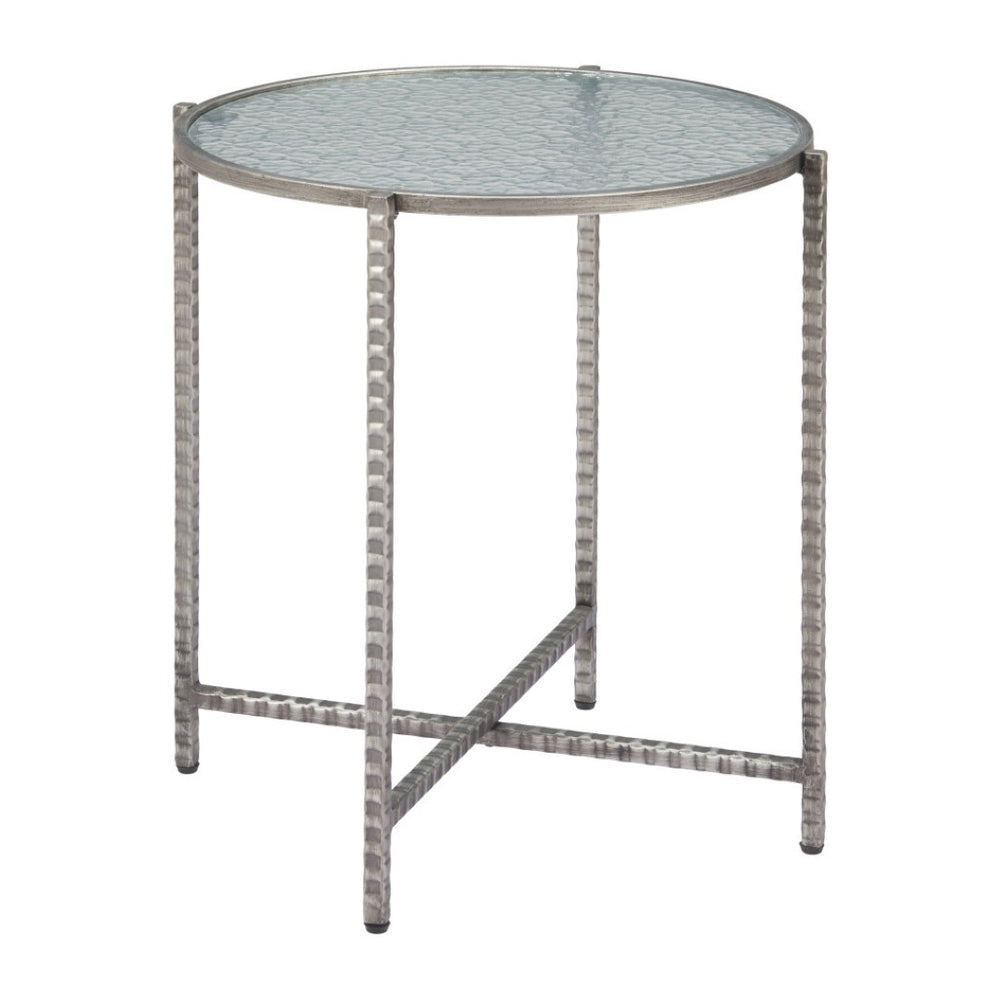HomeRoots 22" Elegant Clear Rippled Glass Round End Table with Distressed Silver Steel Base for Rustic Charm 632661