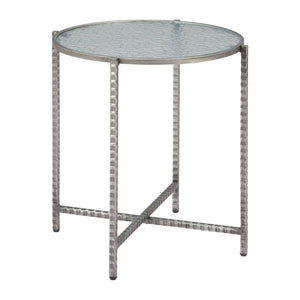 HomeRoots 22" Elegant Clear Rippled Glass Round End Table with Distressed Silver Steel Base for Rustic Charm 632661