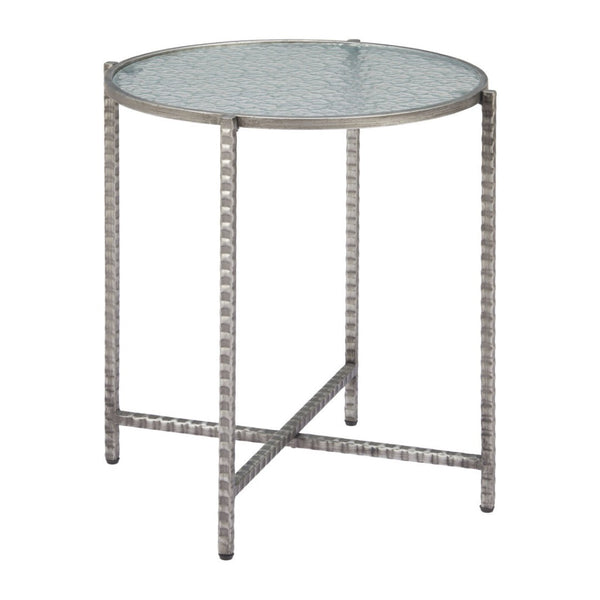 HomeRoots 22" Elegant Clear Rippled Glass Round End Table with Distressed Silver Steel Base for Rustic Charm 632661
