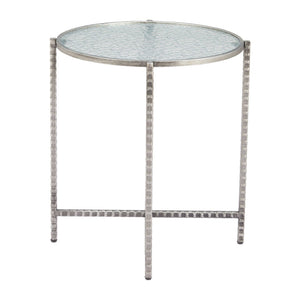 HomeRoots 22" Elegant Clear Rippled Glass Round End Table with Distressed Silver Steel Base for Rustic Charm 632661