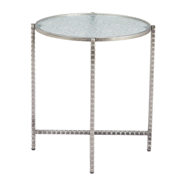 HomeRoots 22" Elegant Clear Rippled Glass Round End Table with Distressed Silver Steel Base for Rustic Charm 632661