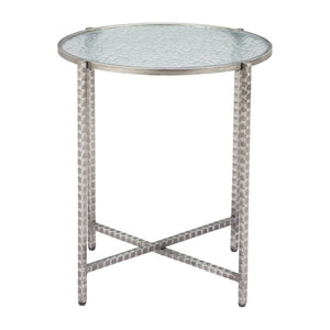 HomeRoots 22" Elegant Clear Rippled Glass Round End Table with Distressed Silver Steel Base for Rustic Charm 632661