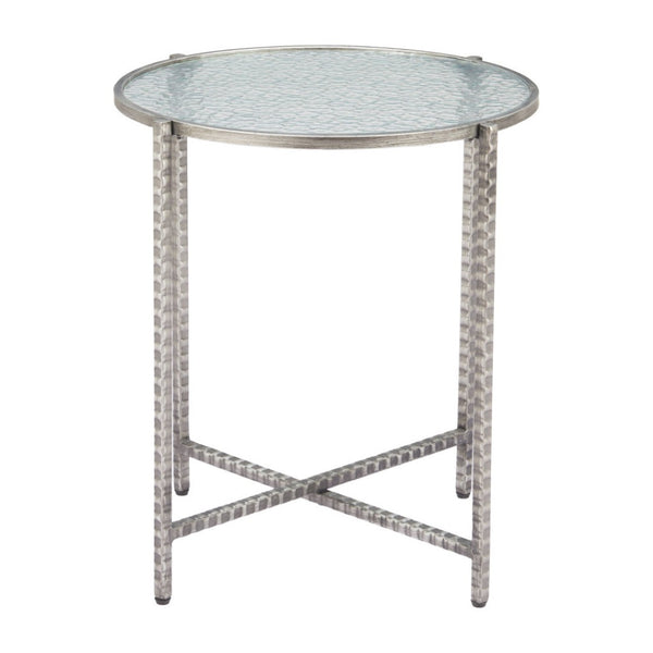 HomeRoots 22" Elegant Clear Rippled Glass Round End Table with Distressed Silver Steel Base for Rustic Charm 632661