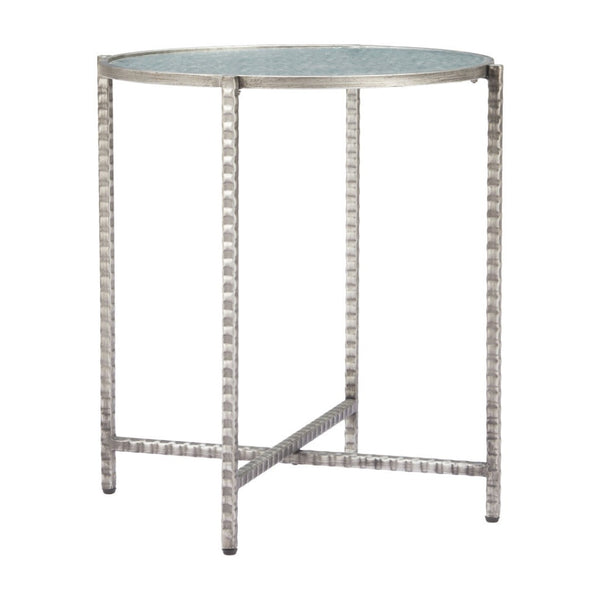 HomeRoots 22" Elegant Clear Rippled Glass Round End Table with Distressed Silver Steel Base for Rustic Charm 632661