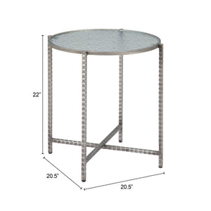 HomeRoots 22" Elegant Clear Rippled Glass Round End Table with Distressed Silver Steel Base for Rustic Charm 632661