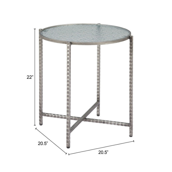 HomeRoots 22" Elegant Clear Rippled Glass Round End Table with Distressed Silver Steel Base for Rustic Charm 632661