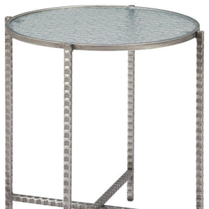 HomeRoots 22" Elegant Clear Rippled Glass Round End Table with Distressed Silver Steel Base for Rustic Charm 632661