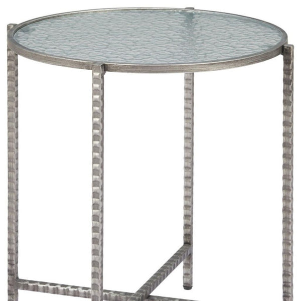 HomeRoots 22" Elegant Clear Rippled Glass Round End Table with Distressed Silver Steel Base for Rustic Charm 632661