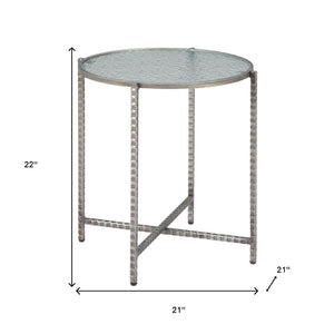 HomeRoots 22" Elegant Clear Rippled Glass Round End Table with Distressed Silver Steel Base for Rustic Charm 632661