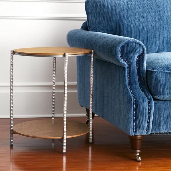 HomeRoots 22" Rustic Silver Hammered Steel and Natural Wood Round End Table with Shelf for Versatile Use 632662