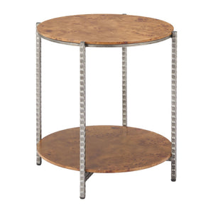 HomeRoots 22" Rustic Silver Hammered Steel and Natural Wood Round End Table with Shelf for Versatile Use 632662