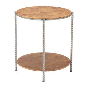 HomeRoots 22" Rustic Silver Hammered Steel and Natural Wood Round End Table with Shelf for Versatile Use 632662