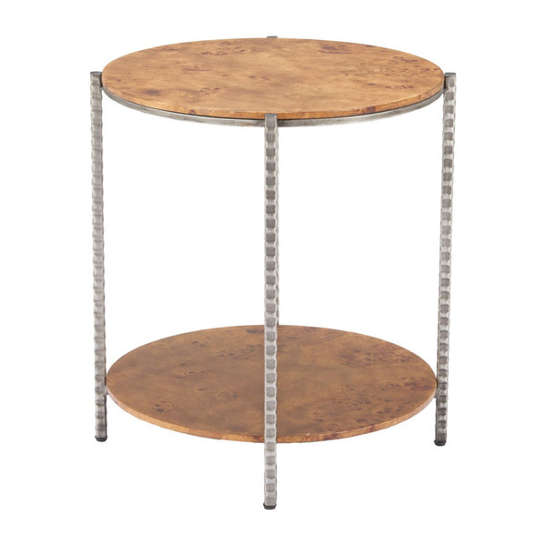 HomeRoots 22" Rustic Silver Hammered Steel and Natural Wood Round End Table with Shelf for Versatile Use 632662