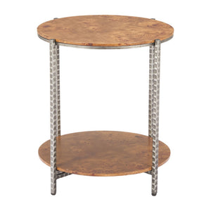 HomeRoots 22" Rustic Silver Hammered Steel and Natural Wood Round End Table with Shelf for Versatile Use 632662