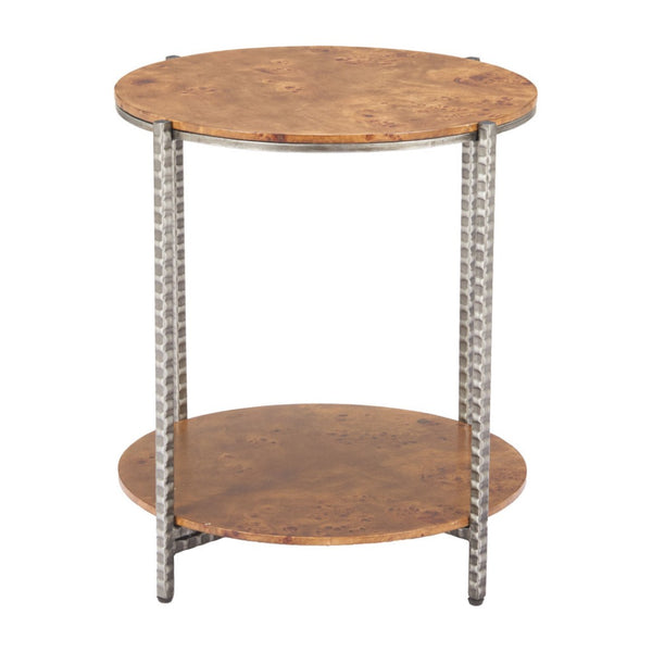 HomeRoots 22" Rustic Silver Hammered Steel and Natural Wood Round End Table with Shelf for Versatile Use 632662