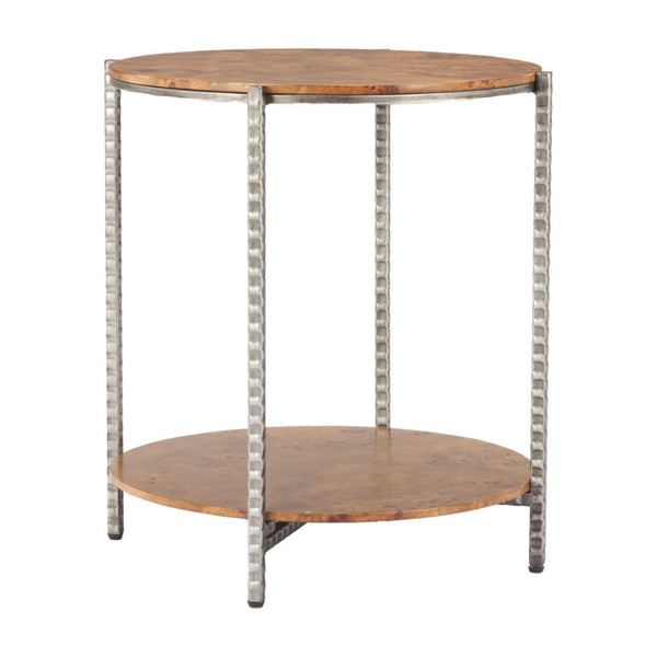 HomeRoots 22" Rustic Silver Hammered Steel and Natural Wood Round End Table with Shelf for Versatile Use 632662