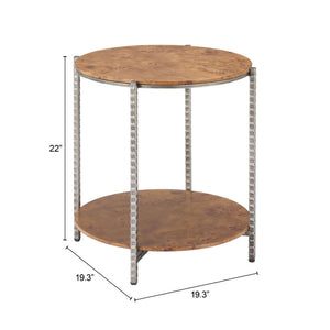HomeRoots 22" Rustic Silver Hammered Steel and Natural Wood Round End Table with Shelf for Versatile Use 632662