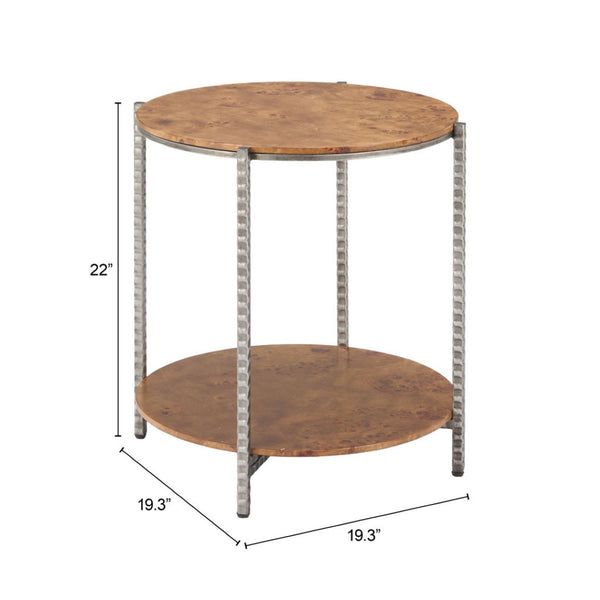 HomeRoots 22" Rustic Silver Hammered Steel and Natural Wood Round End Table with Shelf for Versatile Use 632662