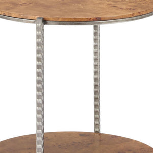 HomeRoots 22" Rustic Silver Hammered Steel and Natural Wood Round End Table with Shelf for Versatile Use 632662