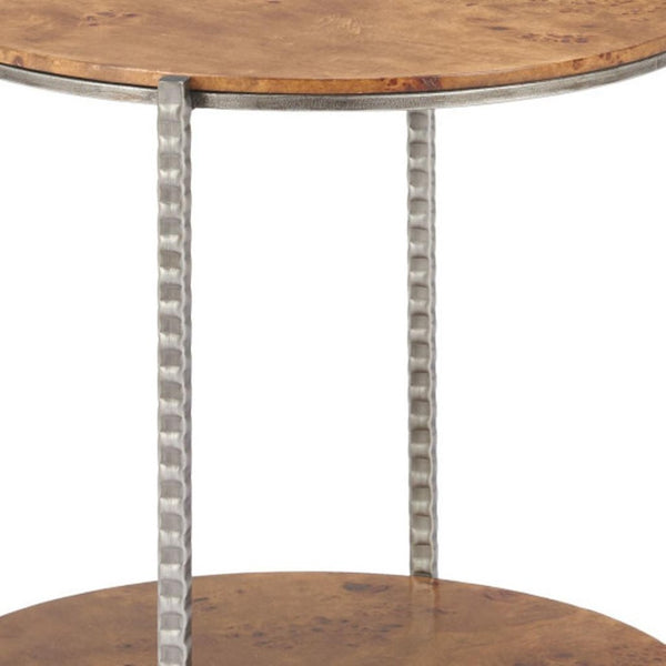 HomeRoots 22" Rustic Silver Hammered Steel and Natural Wood Round End Table with Shelf for Versatile Use 632662