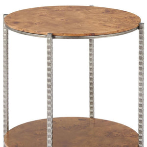 HomeRoots 22" Rustic Silver Hammered Steel and Natural Wood Round End Table with Shelf for Versatile Use 632662