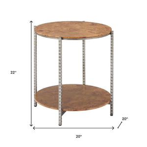 HomeRoots 22" Rustic Silver Hammered Steel and Natural Wood Round End Table with Shelf for Versatile Use 632662