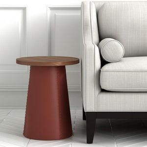 HomeRoots 23" Modern Brown Wood & Faux Leather Round Pedestal End Table - Stylish, Versatile & Compact Design 632665