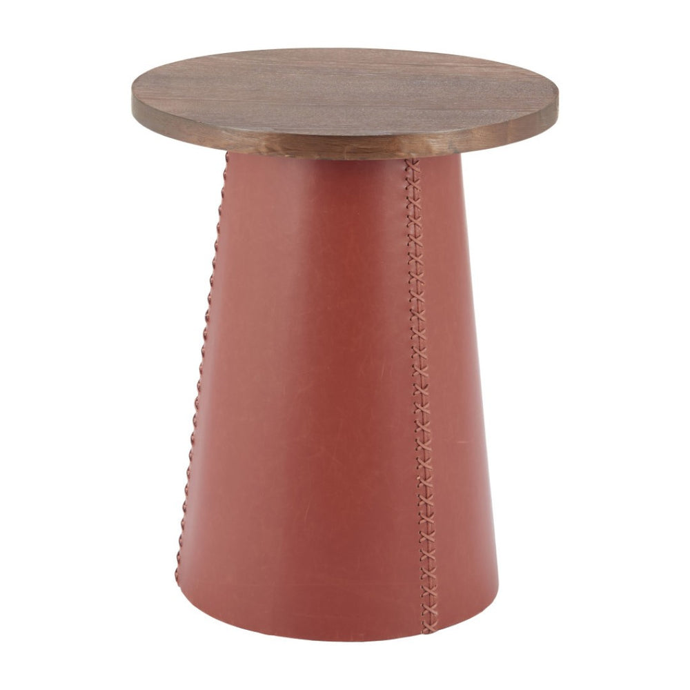HomeRoots 23" Modern Brown Wood & Faux Leather Round Pedestal End Table - Stylish, Versatile & Compact Design 632665