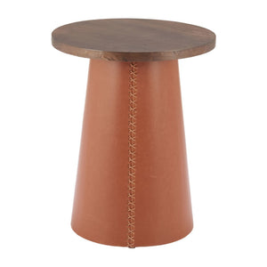 HomeRoots 23" Modern Brown Wood & Faux Leather Round Pedestal End Table - Stylish, Versatile & Compact Design 632665