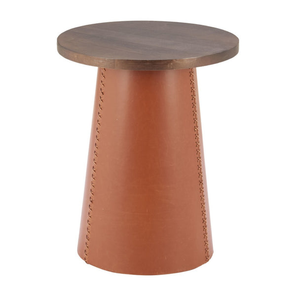 HomeRoots 23" Modern Brown Wood & Faux Leather Round Pedestal End Table - Stylish, Versatile & Compact Design 632665