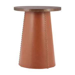 HomeRoots 23" Modern Brown Wood & Faux Leather Round Pedestal End Table - Stylish, Versatile & Compact Design 632665