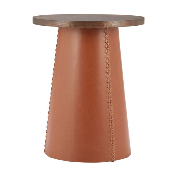 HomeRoots 23" Modern Brown Wood & Faux Leather Round Pedestal End Table - Stylish, Versatile & Compact Design 632665