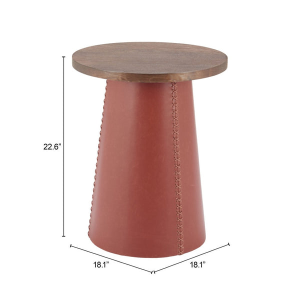 HomeRoots 23" Modern Brown Wood & Faux Leather Round Pedestal End Table - Stylish, Versatile & Compact Design 632665