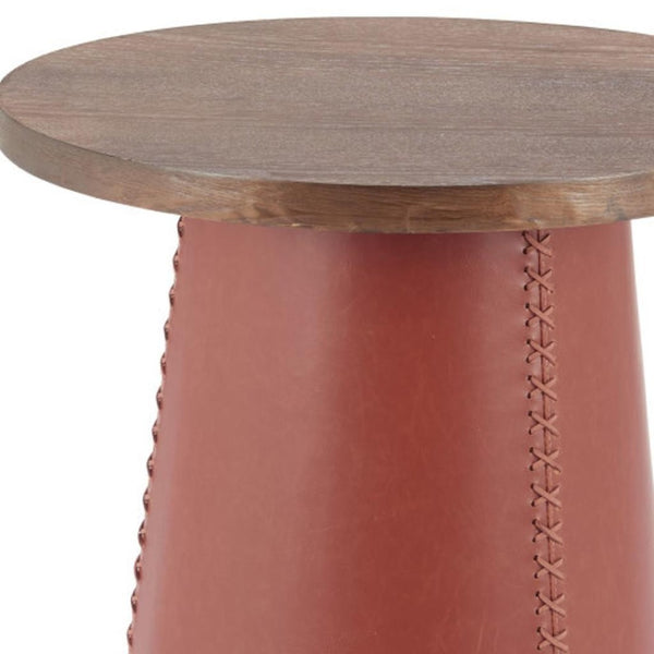HomeRoots 23" Modern Brown Wood & Faux Leather Round Pedestal End Table - Stylish, Versatile & Compact Design 632665