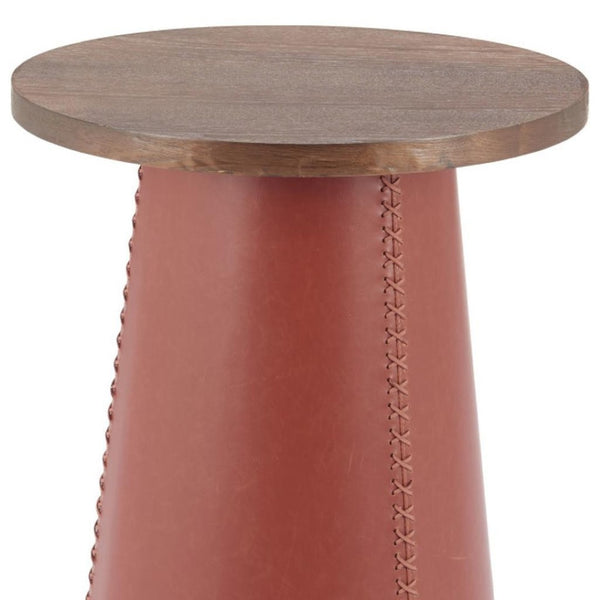 HomeRoots 23" Modern Brown Wood & Faux Leather Round Pedestal End Table - Stylish, Versatile & Compact Design 632665