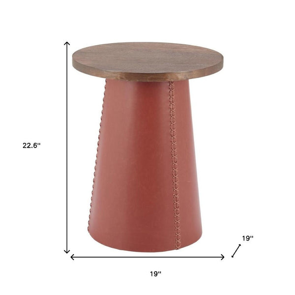 HomeRoots 23" Modern Brown Wood & Faux Leather Round Pedestal End Table - Stylish, Versatile & Compact Design 632665
