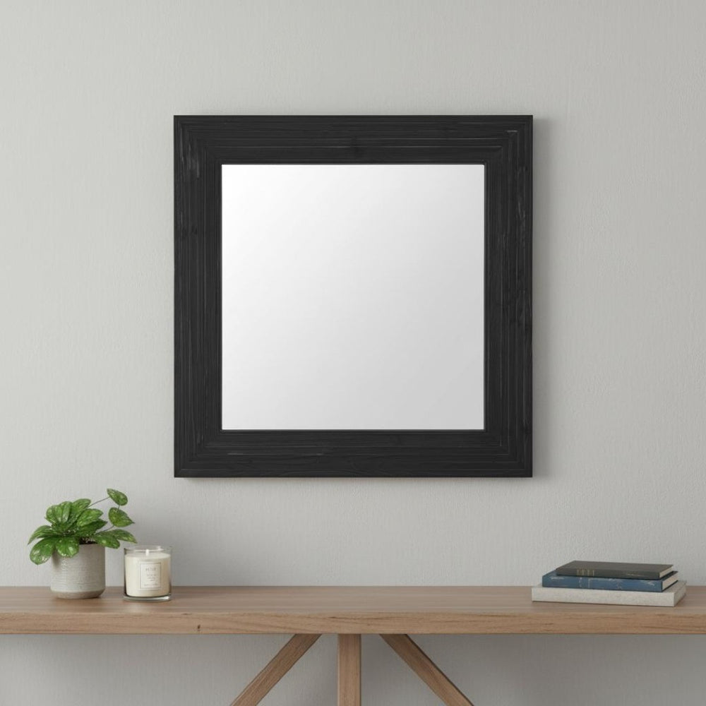 HomeRoots 34" Black Glass Square Hanging Accent Mirror with Rope Suspension for Modern Home Decor & Style 632667