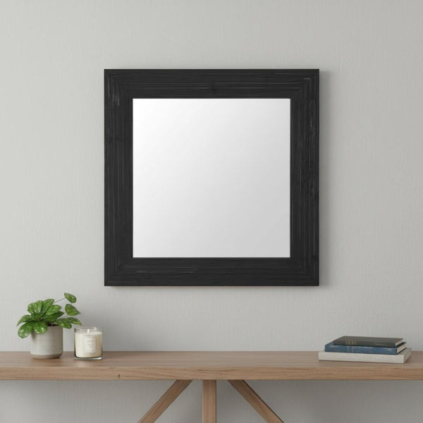 HomeRoots 34" Black Glass Square Hanging Accent Mirror with Rope Suspension for Modern Home Decor & Style 632667