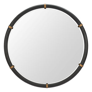 HomeRoots 39" Black Glass Round Rope Hanging Accent Mirror – Modern Elegance for Home & Hospitality Spaces 632669