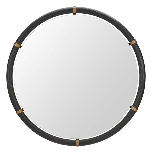 HomeRoots 39" Black Glass Round Rope Hanging Accent Mirror – Modern Elegance for Home & Hospitality Spaces 632669