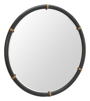 HomeRoots 39" Black Glass Round Rope Hanging Accent Mirror – Modern Elegance for Home & Hospitality Spaces 632669