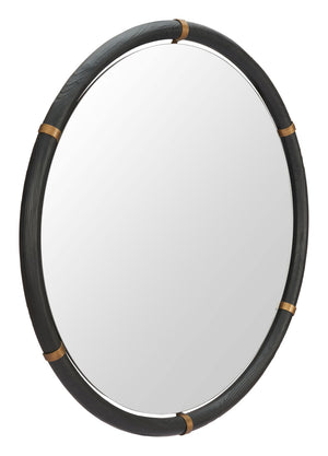 HomeRoots 39" Black Glass Round Rope Hanging Accent Mirror – Modern Elegance for Home & Hospitality Spaces 632669